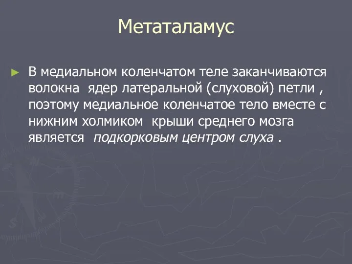 Метаталамус В медиальном коленчатом теле заканчиваются волокна ядер латеральной (слуховой)