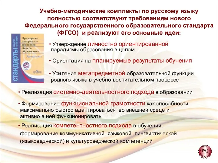 Учебно-методические комплекты по русскому языку полностью соответствуют требованиям нового Федерального