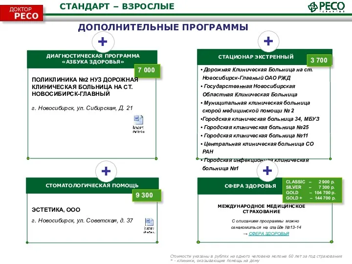 СТАНДАРТ – ВЗРОСЛЫЕ Стоимости указаны в рублях на одного человека