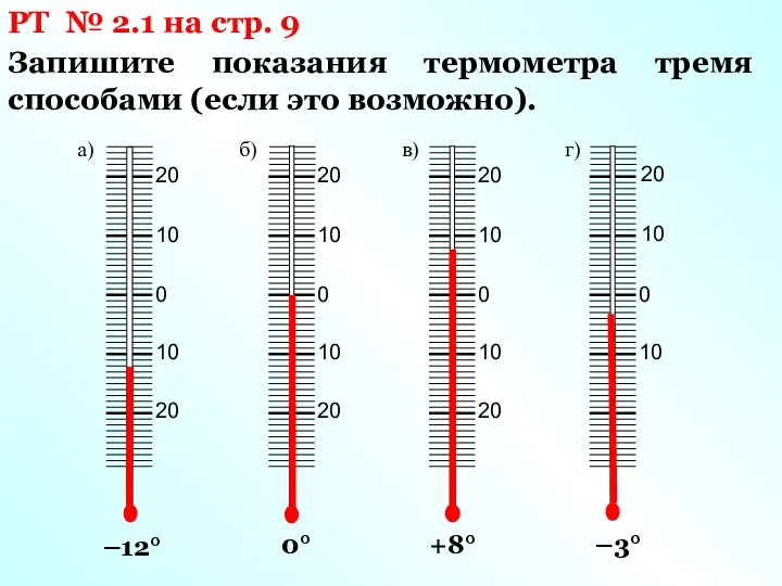 РТ № 2.1 на стр. 9 Запишите показания термометра тремя