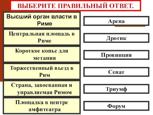 ВЫБЕРИТЕ ПРАВИЛЬНЫЙ ОТВЕТ. Высший орган власти в Риме Центральная площадь