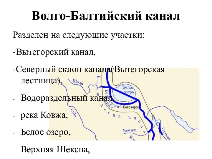 Волго-Балтийский канал Разделен на следующие участки: -Вытегорский канал, -Северный склон