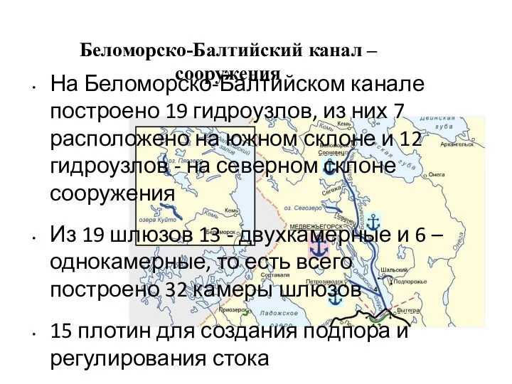 Беломорско-Балтийский канал – сооружения На Беломорско-Балтийском канале построено 19 гидроузлов,