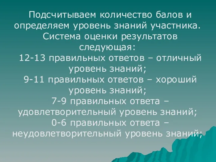 Подсчитываем количество балов и определяем уровень знаний участника. Система оценки