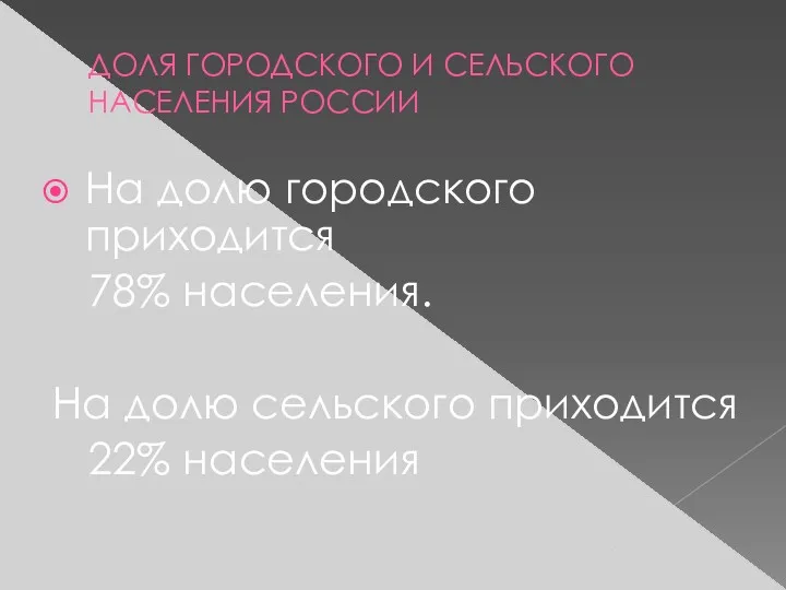 ДОЛЯ ГОРОДСКОГО И СЕЛЬСКОГО НАСЕЛЕНИЯ РОССИИ На долю городского приходится 78% населения. На