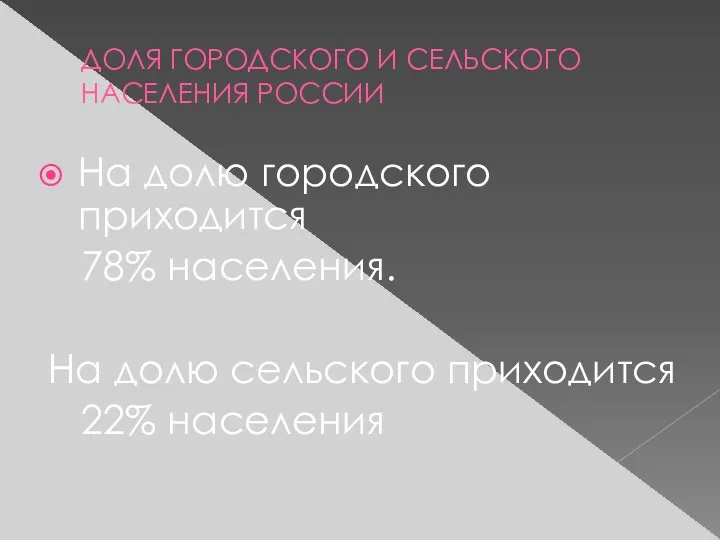 ДОЛЯ ГОРОДСКОГО И СЕЛЬСКОГО НАСЕЛЕНИЯ РОССИИ На долю городского приходится