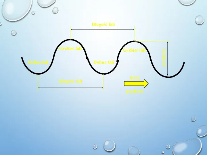 Dolina fali Dolina fali Długość fali Długość fali Grzbiet fali Grzbiet fali prędkość [m/s] wysokość