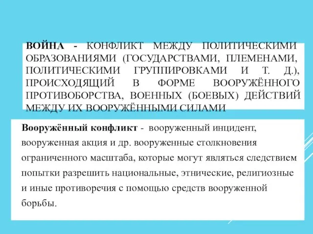 ВОЙНА - КОНФЛИКТ МЕЖДУ ПОЛИТИЧЕСКИМИ ОБРАЗОВАНИЯМИ (ГОСУДАРСТВАМИ, ПЛЕМЕНАМИ, ПОЛИТИЧЕСКИМИ ГРУППИРОВКАМИ