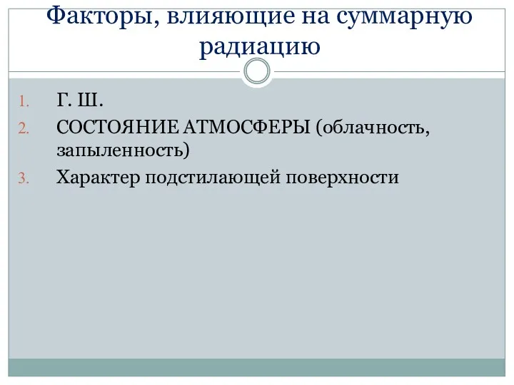 Факторы, влияющие на суммарную радиацию Г. Ш. СОСТОЯНИЕ АТМОСФЕРЫ (облачность, запыленность) Характер подстилающей поверхности