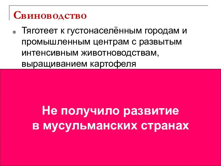 Свиноводство Тяготеет к густонаселённым городам и промышленным центрам с развытым