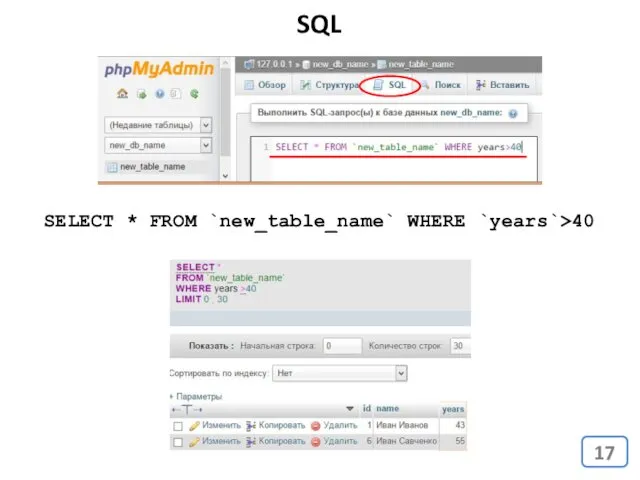 SELECT * FROM `new_table_name` WHERE `years`>40 SQL