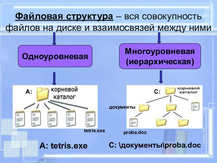 Файловая структура – вся совокупность файлов на диске и взаимосвязей между ними Одноуровневая