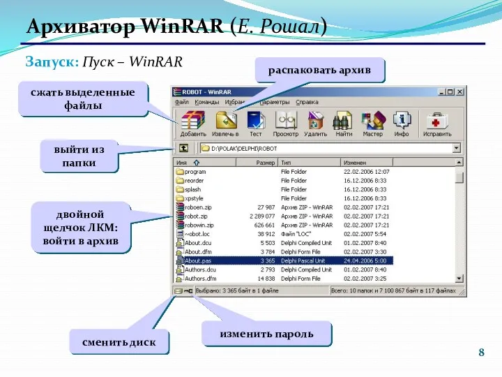 Архиватор WinRAR (Е. Рошал) Запуск: Пуск – WinRAR сжать выделенные