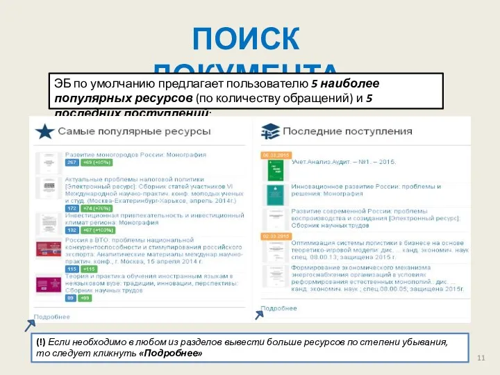 ПОИСК ДОКУМЕНТА ЭБ по умолчанию предлагает пользователю 5 наиболее популярных