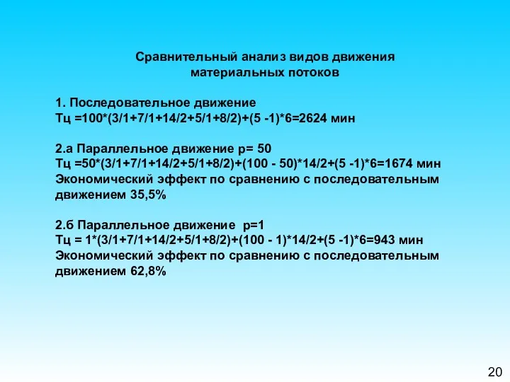 20 Сравнительный анализ видов движения материальных потоков 1. Последовательное движение