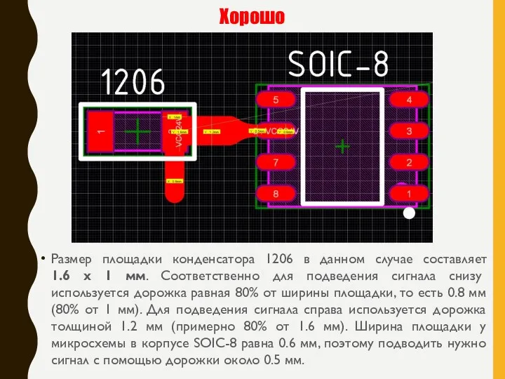 Хорошо Размер площадки конденсатора 1206 в данном случае составляет 1.6