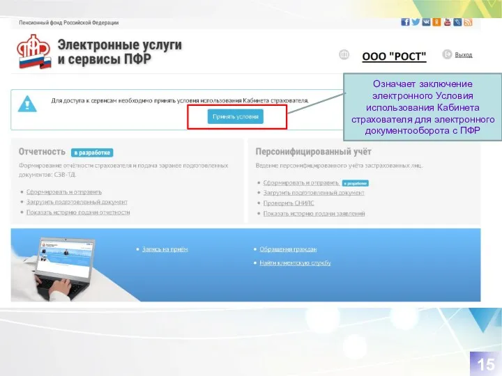 15 Означает заключение электронного Условия использования Кабинета страхователя для электронного документооборота с ПФР