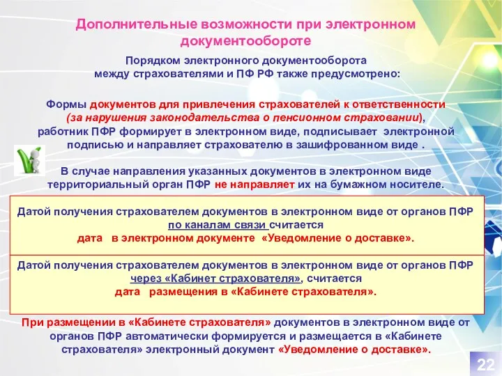 Дополнительные возможности при электронном документообороте Порядком электронного документооборота между страхователями и ПФ РФ