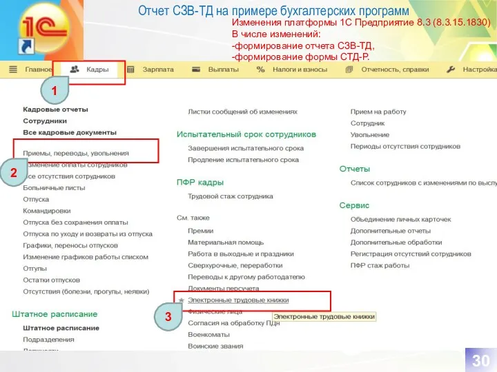 1 2 3 Отчет СЗВ-ТД на примере бухгалтерских программ Изменения платформы 1С Предприятие