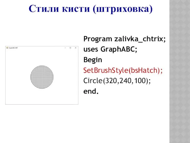 Program zalivka_chtrix; uses GraphABC; Begin SetBrushStyle(bsHatch); Circle(320,240,100); end. Стили кисти (штриховка)