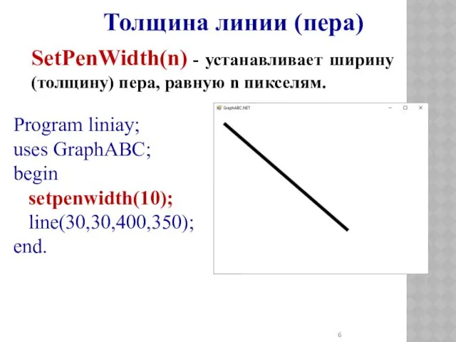 Толщина линии (пера) SetPenWidth(n) - устанавливает ширину (толщину) пера, равную n пикселям. Program