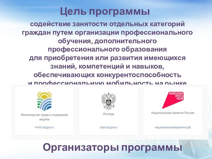 Цель программы содействие занятости отдельных категорий граждан путем организации профессионального