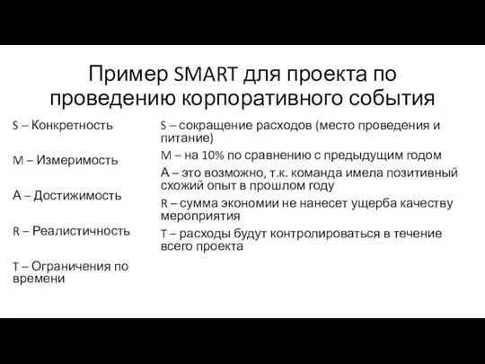 Пример SMART для проекта по проведению корпоративного события S –