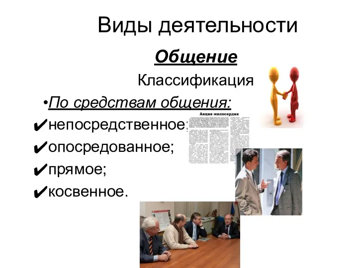 Виды деятельности Общение Классификация По средствам общения: непосредственное; опосредованное; прямое; косвенное.