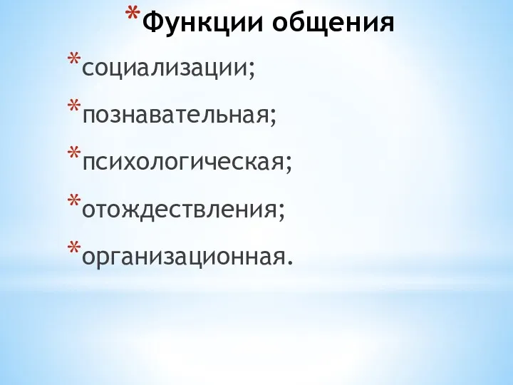 Функции общения социализации; познавательная; психологическая; отождествления; организационная.