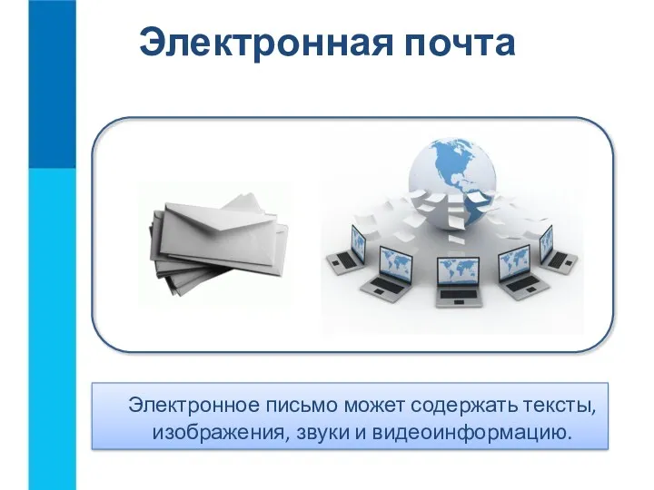 Электронная почта Электронное письмо может содержать тексты, изображения, звуки и видеоинформацию.