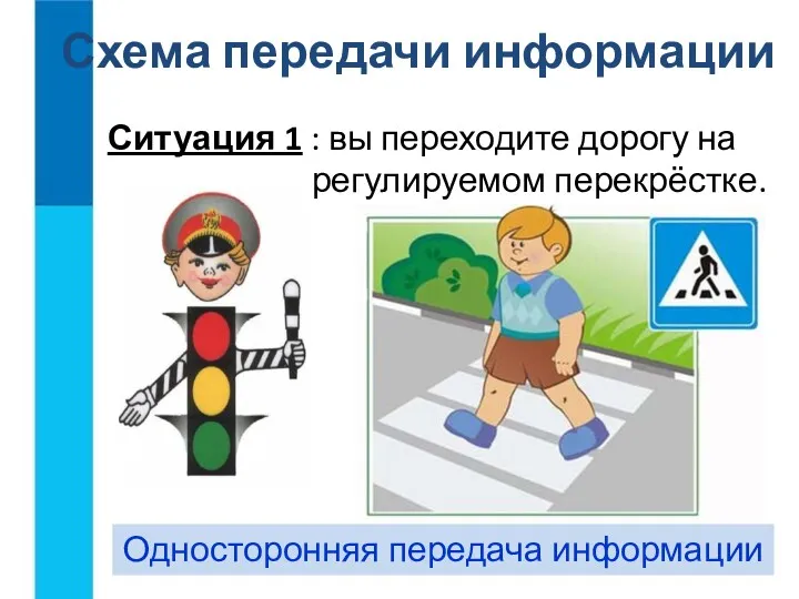 Ситуация 1 : вы переходите дорогу на регулируемом перекрёстке. Односторонняя передача информации Схема передачи информации