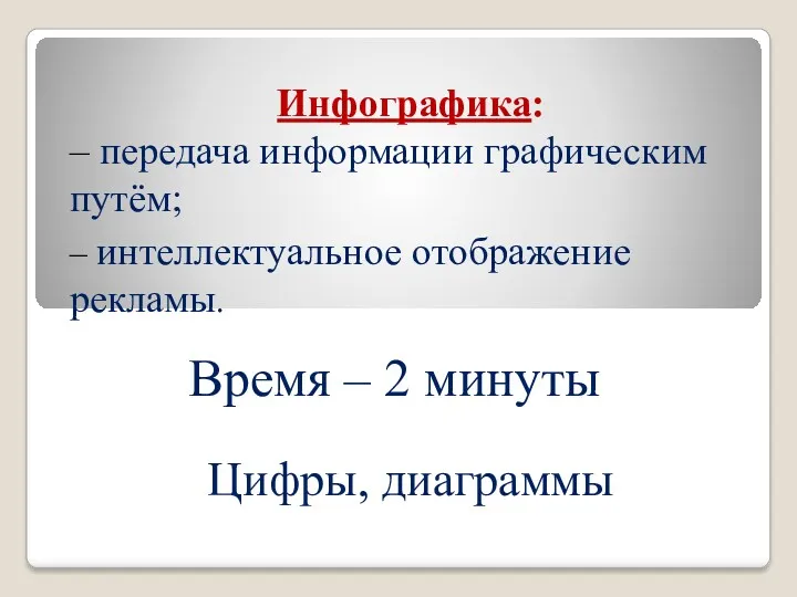 Инфографика: – передача информации графическим путём; – интеллектуальное отображение рекламы. Цифры, диаграммы Время – 2 минуты