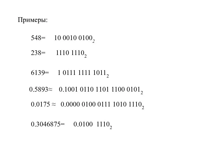 Примеры: 548= 10 0010 01002 238= 1110 11102 6139= 1 0111 1111 10112