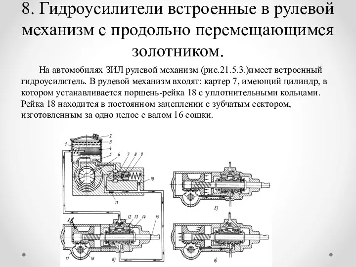 8. Гидроусилители встроенные в рулевой механизм с продольно перемещающимся золотником.