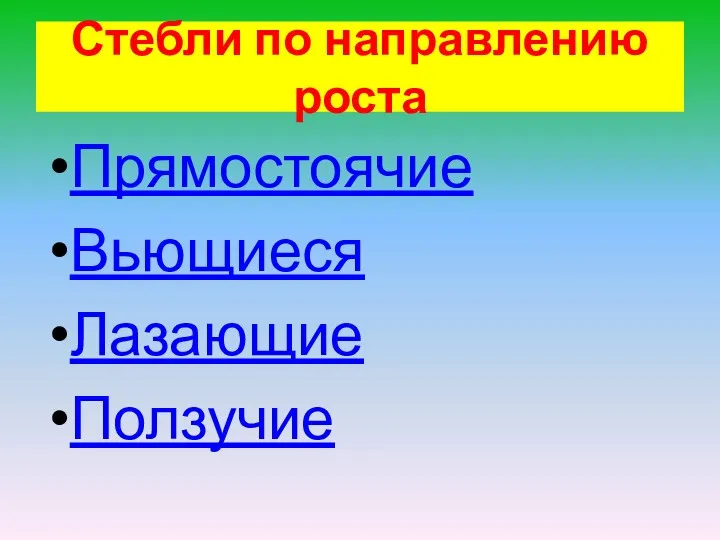 Стебли по направлению роста Прямостоячие Вьющиеся Лазающие Ползучие