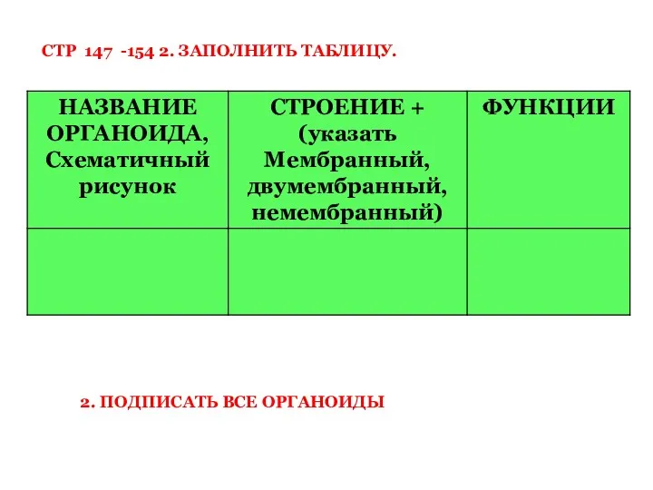 2. ПОДПИСАТЬ ВСЕ ОРГАНОИДЫ СТР 147 -154 2. ЗАПОЛНИТЬ ТАБЛИЦУ.