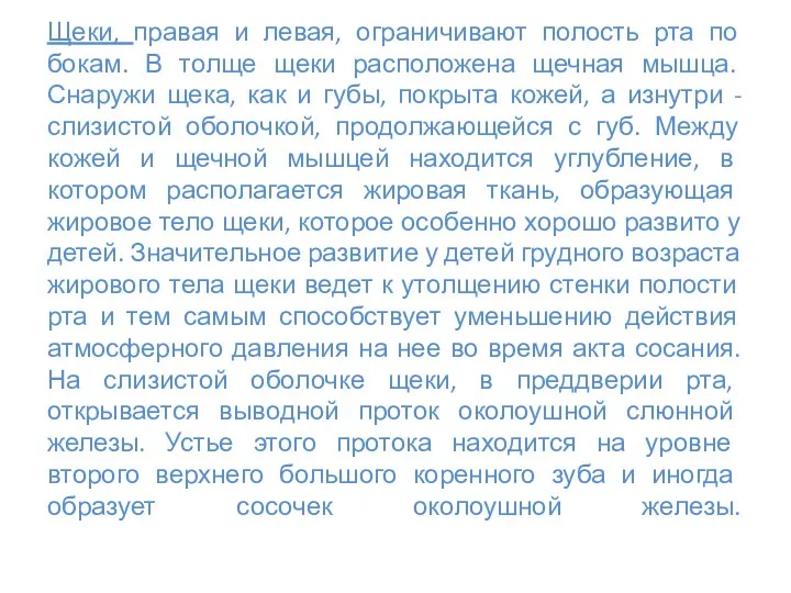 Щеки, правая и левая, ограничивают полость рта по бокам. В толще щеки расположена