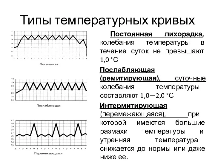 Типы температурных кривых Постоянная лихорадка, колебания температуры в течение суток не превышают 1,0