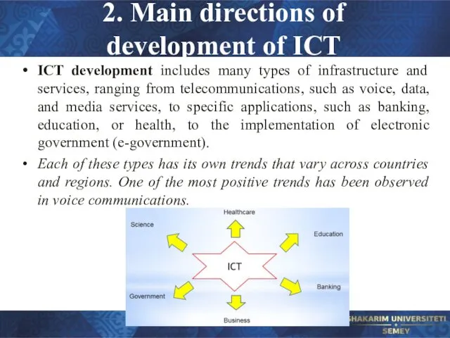 2. Main directions of development of ICT ICT development includes