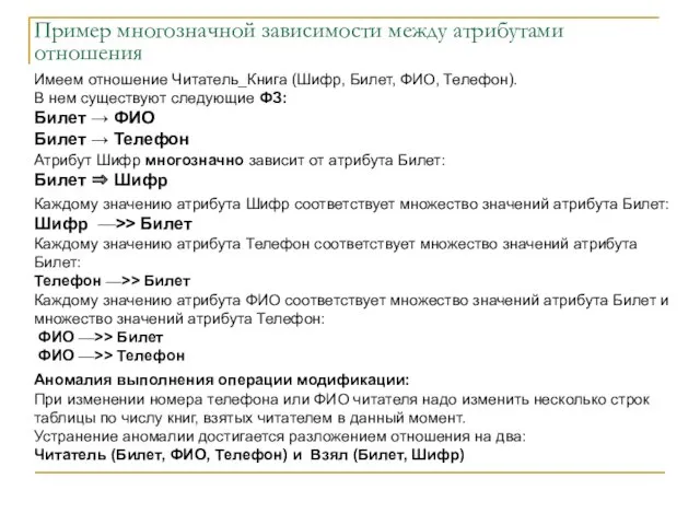 Имеем отношение Читатель_Книга (Шифр, Билет, ФИО, Телефон). В нем существуют