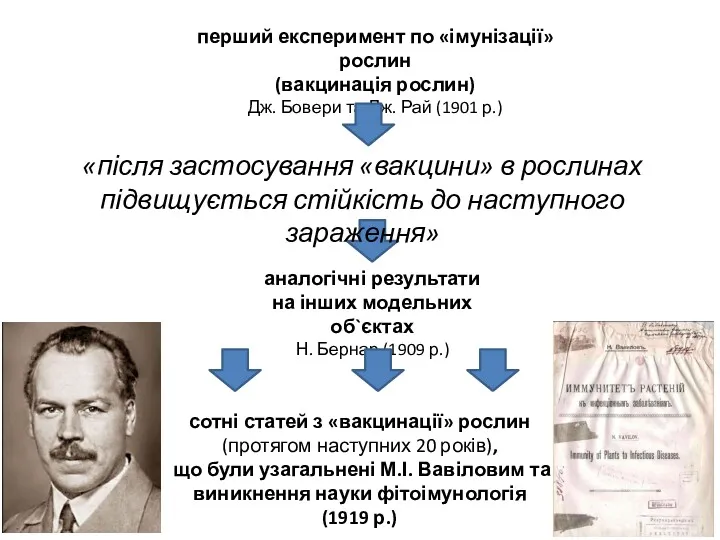 перший експеримент по «імунізації» рослин (вакцинація рослин) Дж. Бовери та Дж. Рай (1901