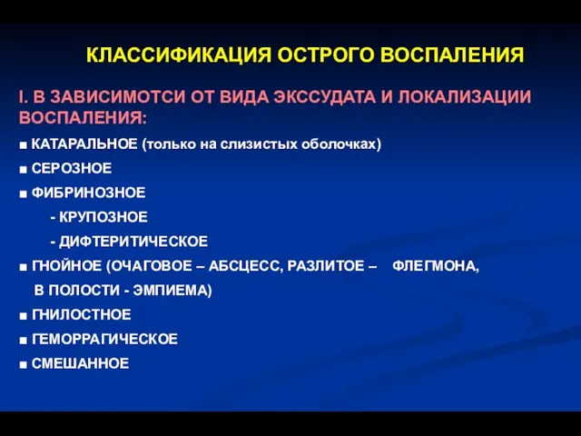 КЛАССИФИКАЦИЯ ОСТРОГО ВОСПАЛЕНИЯ I. В ЗАВИСИМОТСИ ОТ ВИДА ЭКССУДАТА И