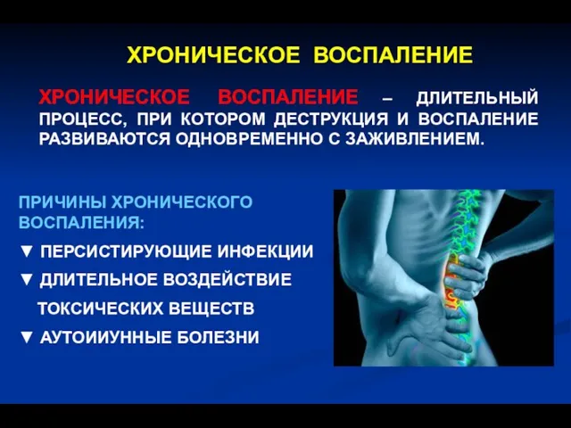 ХРОНИЧЕСКОЕ ВОСПАЛЕНИЕ ХРОНИЧЕСКОЕ ВОСПАЛЕНИЕ – ДЛИТЕЛЬНЫЙ ПРОЦЕСС, ПРИ КОТОРОМ ДЕСТРУКЦИЯ