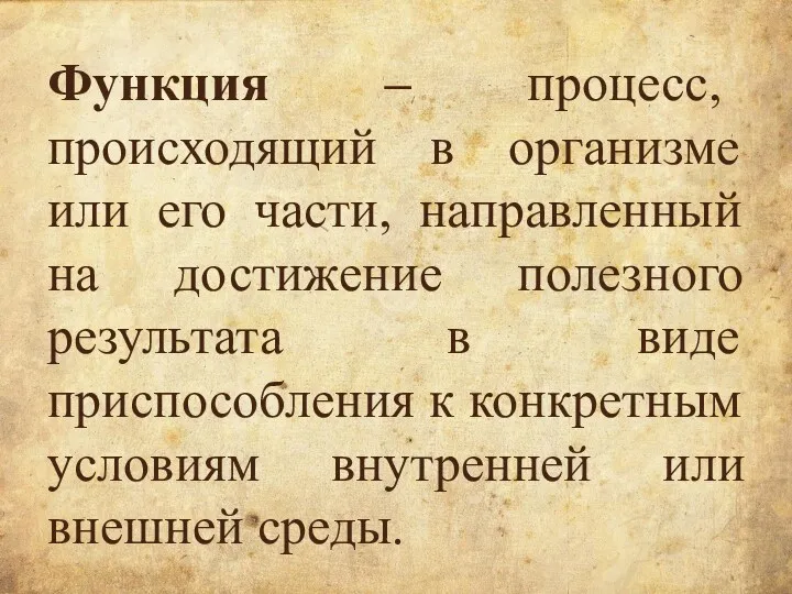 Функция – процесс, происходящий в организме или его части, направленный