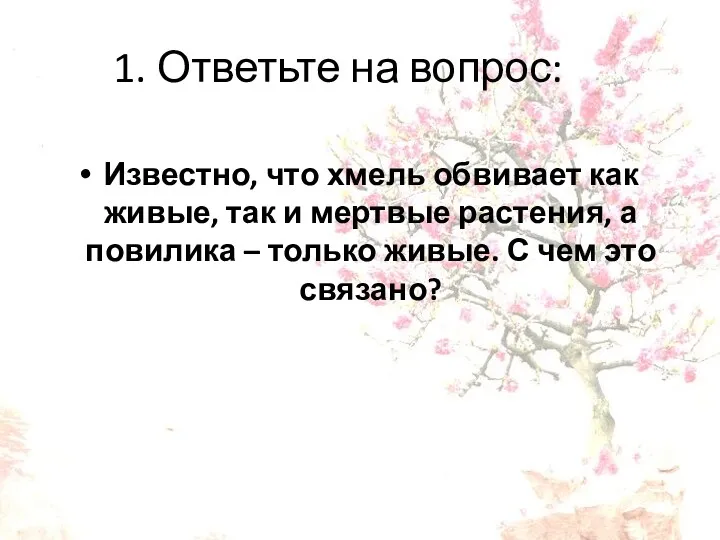 1. Ответьте на вопрос: Известно, что хмель обвивает как живые,