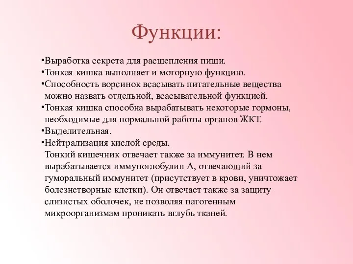 Функции: Выработка секрета для расщепления пищи. Тонкая кишка выполняет и