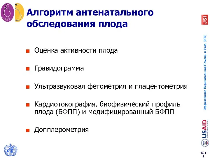 Алгоритм антенатального обследования плода Оценка активности плода Гравидограмма Ультразвуковая фетометрия