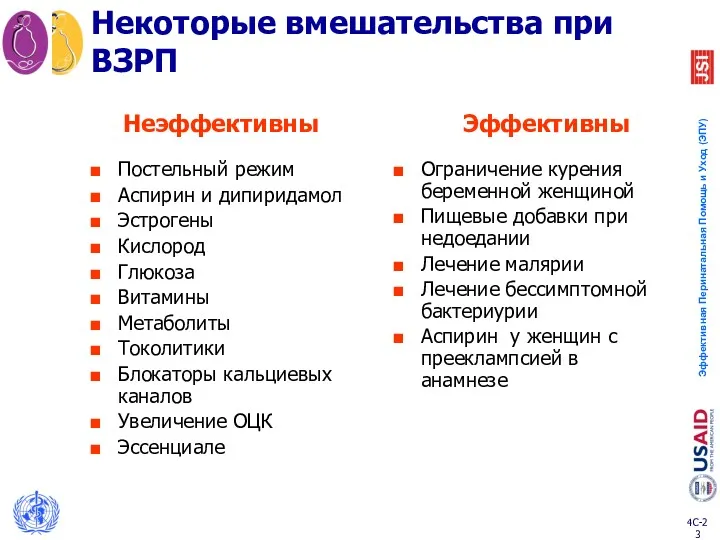 Некоторые вмешательства при ВЗРП Постельный режим Аспирин и дипиридамол Эстрогены