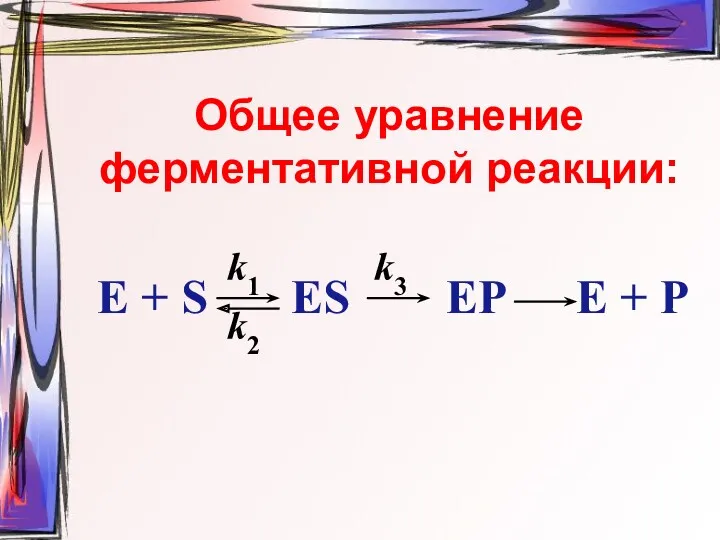 Общее уравнение ферментативной реакции: E + S ES EP E + P k2 k3 k1