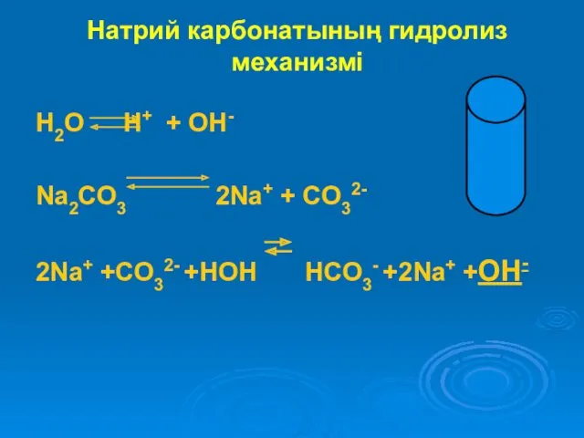 Натрий карбонатының гидролиз механизмі H2O H+ + OH- Na2CO3 2Na+ + CO32- 2Na+